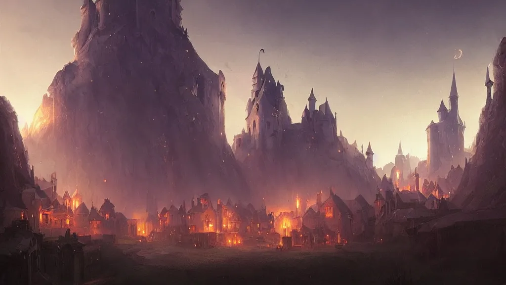 Image similar to A medieval fantasy village surrounding a wizard's spire on a hill, crescent moon, light glowing from windows at night, smoke from chimneys concept art by Greg Rutkowski