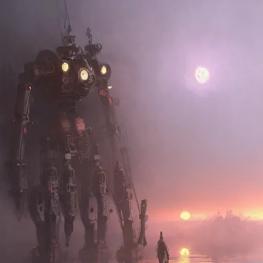 Image similar to gigantic steampunk mecha walking, dense fog,, sunset, trending on artstation, jakub rozalski