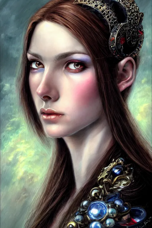 Prompt: high quality extremely detailed closeup portrait of a young attractive female necromancer looking away from the camera, realistic eyes, sparkle in eyes, no hands visible, fantasy, d & d, intricate, painting by lucian freud and mark brooks, hd