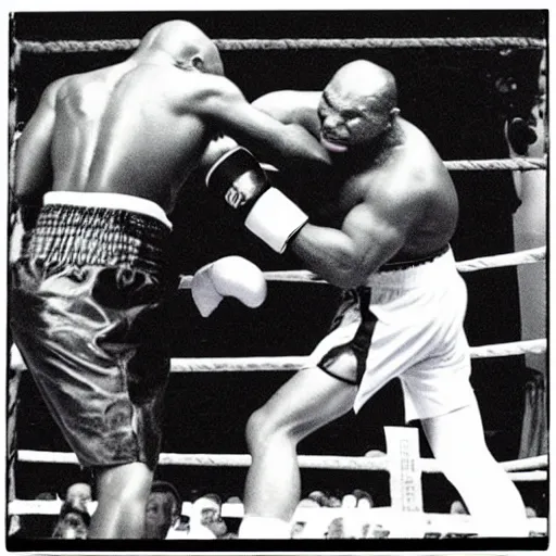 Image similar to polaroid image of mike tyson fighting a xenomorph in a boxing ring