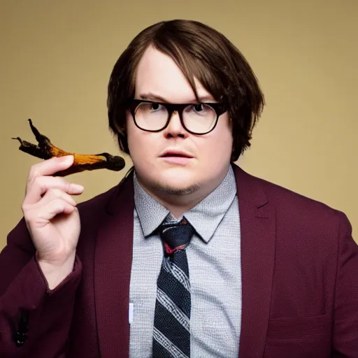 Image similar to clark duke pretending to be dwight schrute