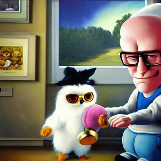 Image similar to hank hill fighting a furby to the death oil painting, cgsociety