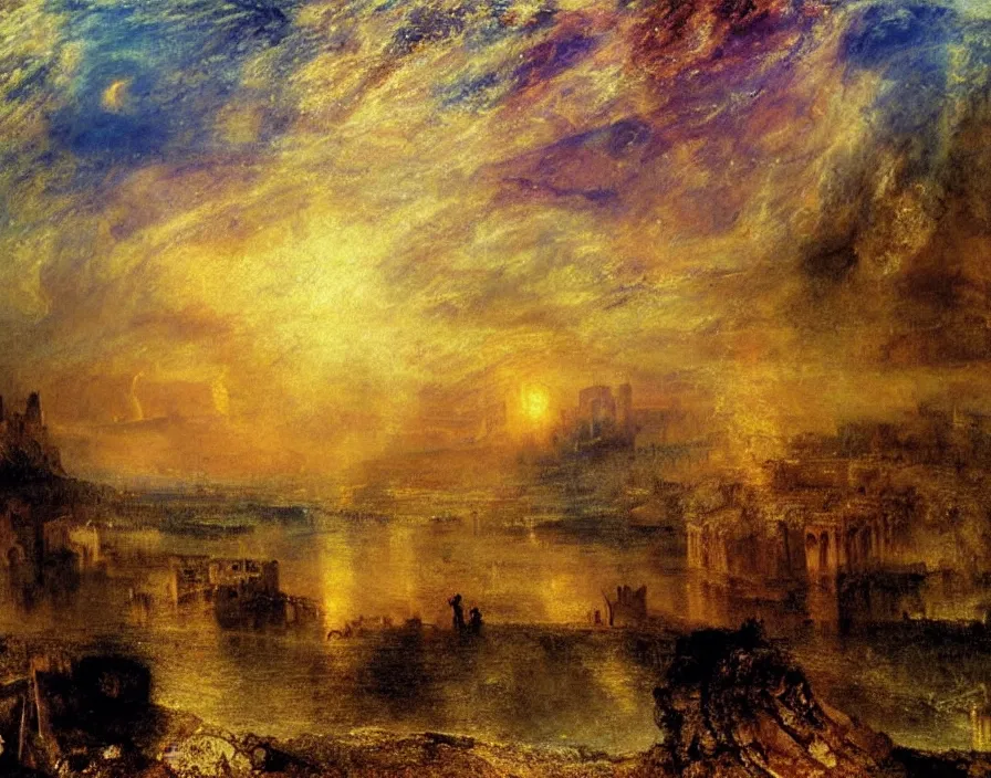 Image similar to Incredible pre-industrial city ultradetailed wonderful landscape by Turner, Tate gallery. Amazing colour scheme. Incredibly colourful. Rainbow. Stars falling. Incondescent sunshine
