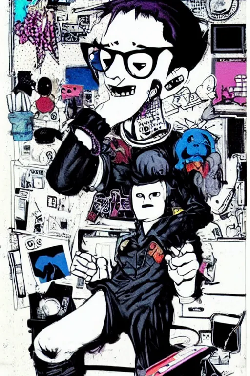 Prompt: nerdy goth guy, cluttered messy 9 0 s bedroom, by jamie hewlett, jamie hewlett art, vaporwave, 9 0 s aesthetic, 9 0 s vibe, concept art, full body character concept art, perfect face, detailed face,