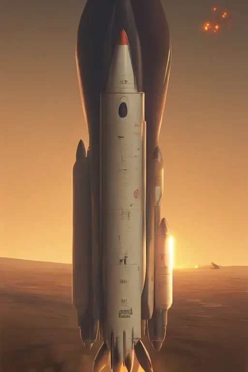 Image similar to poster artwork. distant rocket taking off. on the horizon. during golden hour. symmetry. washed out. desaturated. cinematic. art by wlop, mars ravelo and greg rutkowski.