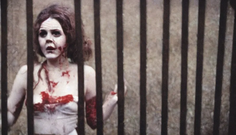 Prompt: 7 0 s film still from a horror movie featuring a beautiful woman in a cage, kodachrome, cinecolor, cinestill, film grain, film texture, retro, cinematic, high resolution, photorealism,