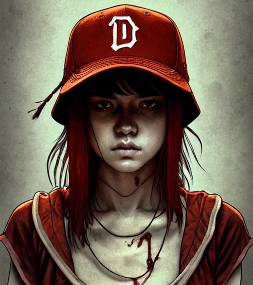 Prompt: symmetry ( badass clementine from the walking dead wearing her iconic baseball ( letter d ) hat ) blood, ultra detailed, intricate, anime, dynamic lighting, digital art, digital painting, art station, wlop, sharp focus, illustration, art by artgerm and greg rutkowski and alphonse mucha