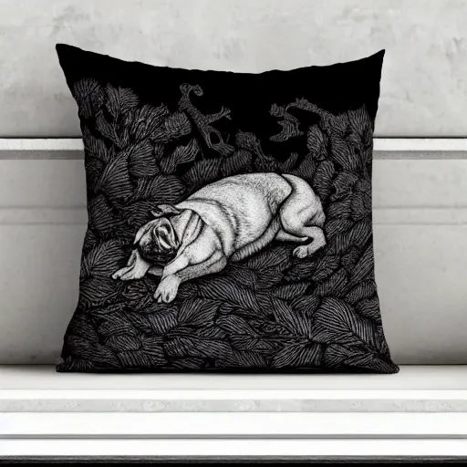 Prompt: adorable sleeping pug lying on a pillow of dried leavesin a dark forest, detailed illustration in dotted, black and white, in the style of gustave dore's dante's inferno