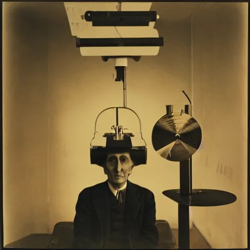 Image similar to Kodachrome portrait of Marcel Duchamp with an technologival machine, archival pigment print in the style of Hito Steyerl, studio shooting, contemporary art