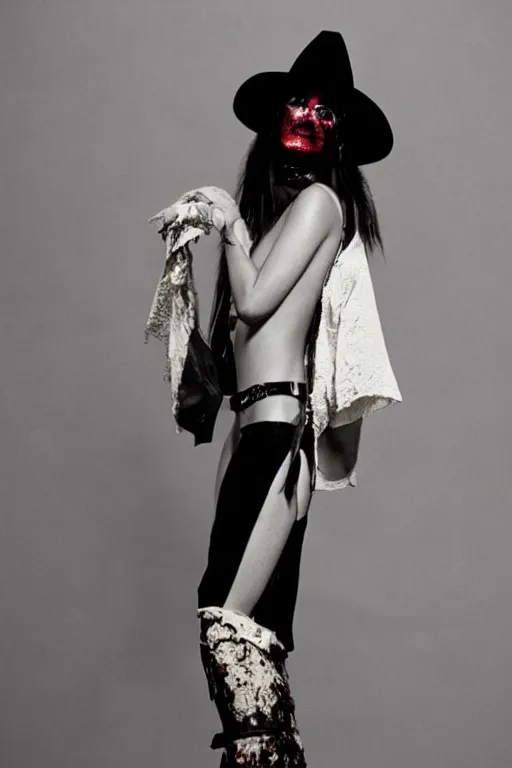 Image similar to margiela campaign featuring the violator as a female cowgirl, long eyeslashes, big juicy lips, big seductive eyes