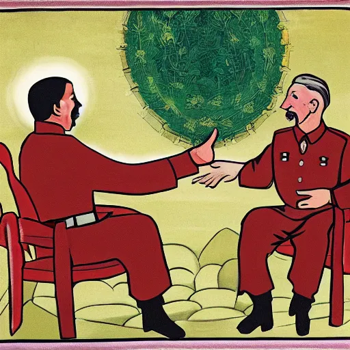 Image similar to god and the holy spirit conversing with hitler and stalin over coffee in a versailles garden