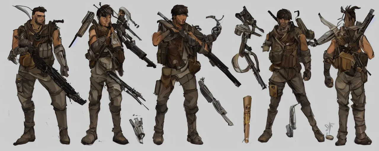 Image similar to A character sheet of a mercenary with short brown hair olive skin while wielding a giant sniper rifle, concept art, anime, Highly Detailed.