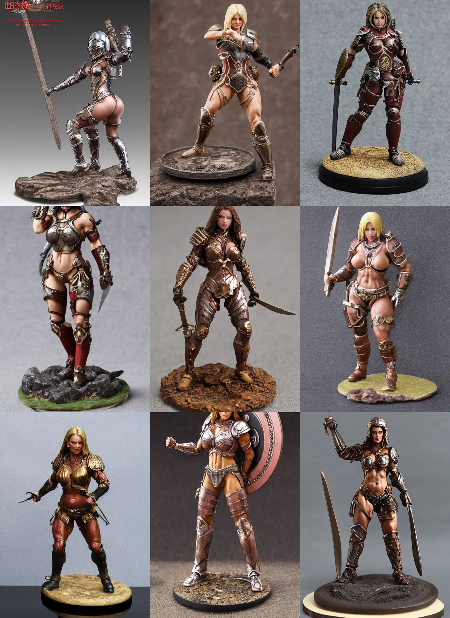 Prompt: 80mm resin detailed miniature of a muscular woman in armor, full body, stomach, navel, boots, Logo, textured disc base; Product Introduction Photos, 4K, view from front