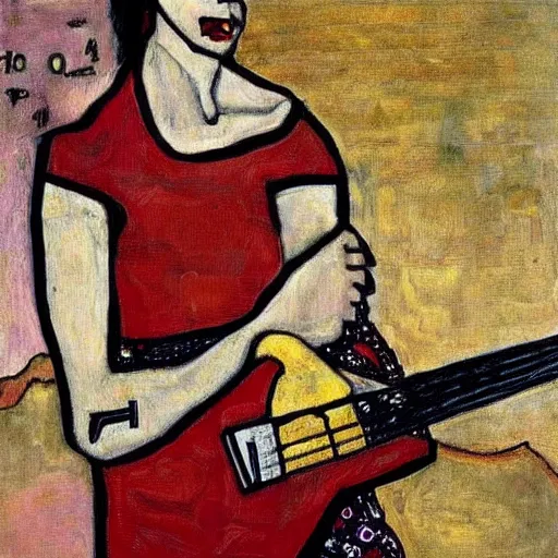 Image similar to Punk Punk Punk girl playing electric guitar, oil painting by Egon Schiele, masterpiece