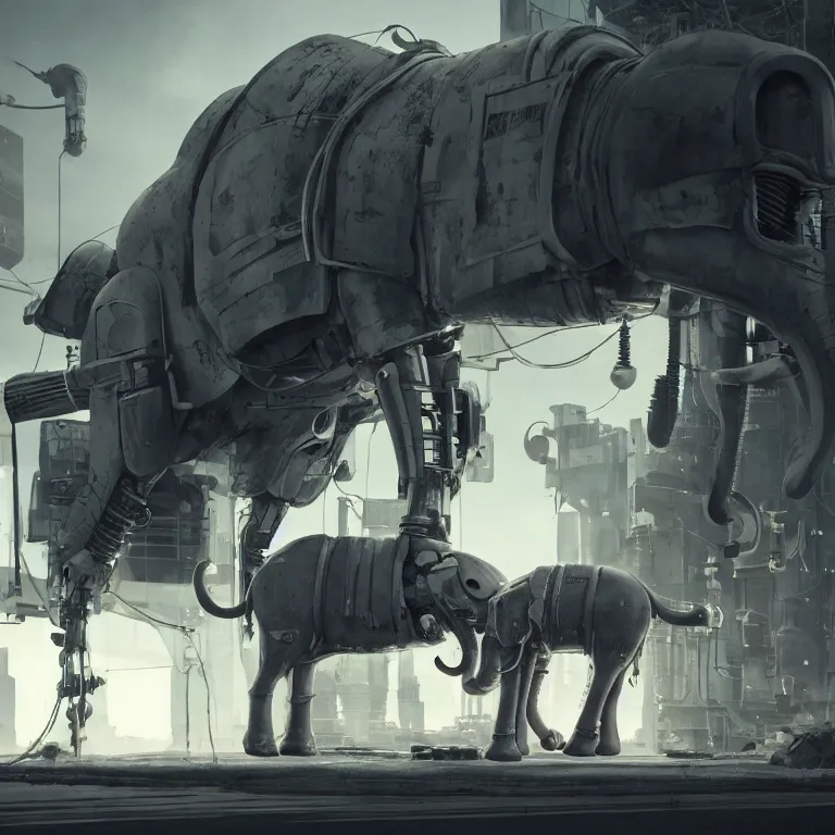 Image similar to a robotic elephant walking through an abandoned gas station in the style of howl's moving castle, 7 0's science fiction comics and enki bilal, cyberpunk, mystical, 8 k, high definition, realism, octane render, cinematic lighting