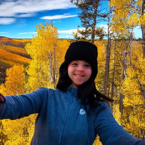 Image similar to a selfie of cute tomboyish girl taken on top of a mountain in Colorado, Aspen trees with Fall Colors in the background