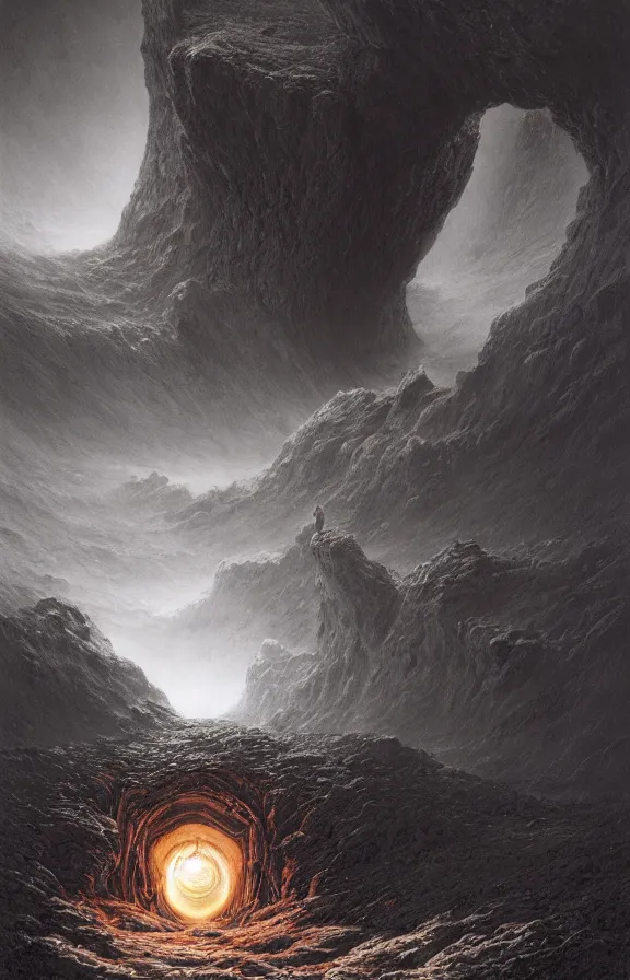 Image similar to enormous portal into godhood created by primordial demiurge flickers omniously on a barren hellish exoplanet, philosophical concept illustrated by James Gurney and Zdzislaw Beksinski and Dariusz Zawadski, dramatic lighting, ultra HD, HDR, 8k