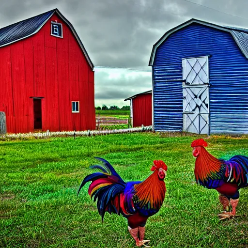 Image similar to Rainbow Roosters and Chickens Near a barn in a farm yard HDR