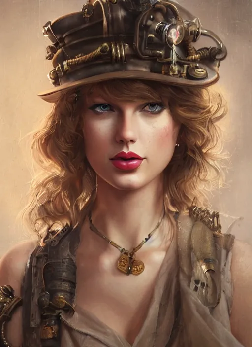 Image similar to steampunk portrait of Taylor Swift, au naturel, hyper detailed, digital art, trending in artstation, cinematic lighting, studio quality, smooth render, unreal engine 5 rendered, octane rendered, art style by klimt and nixeu and ian sprigger and wlop and krenz cushart