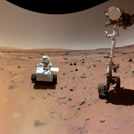 Image similar to extremely detailed photo of carl sagan looking through visor of spacesuit, mars rover in background