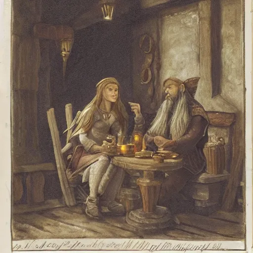 Prompt: An Elven woman and a Dwarf male drinking together in a tavern, warm lighting