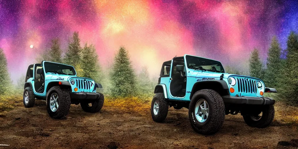 Image similar to lonely dirty 1997 hardtop Jeep Wrangler off road, digital painting, beautiful iridescent fog swallows the dirty alien planet, planets can be seen in the sky above, in front of an amazing forest, gritty, cinematic, extraordinary colorful landscape, photorealistic, ultra realistic, lights and shadows, beautiful reflections, smooth