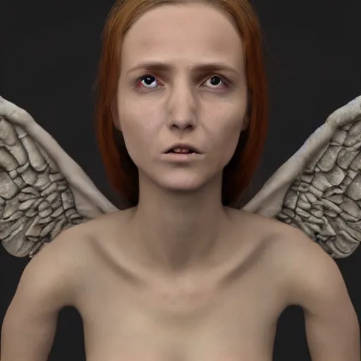 Image similar to tormented female angel, 8k, ultra realistic, hyper realistic