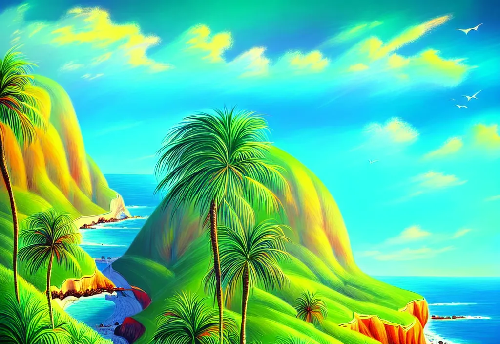 Prompt: a beautiful illustration of a breathtaking nature landscape vivid colors hills ocean cliffs palm trees by gediminas pr