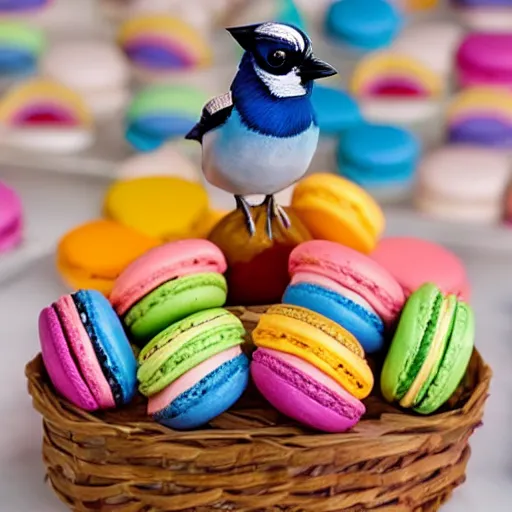 Image similar to A blue jay standing on a large basket of rainbow macarons.