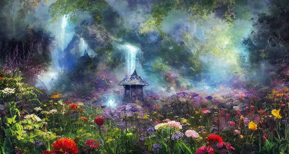 Prompt: a large mystic shrine in a field of flowers, john berkey, mad dog jones, breath - taking beautiful flowers, streams, nebula, and mist, an aesthetically pleasing, dynamic, energetic, lively, complex, intricate, detailed, well - designed digital art of magic, streams, flowers, and mist, early morning, light and shadow