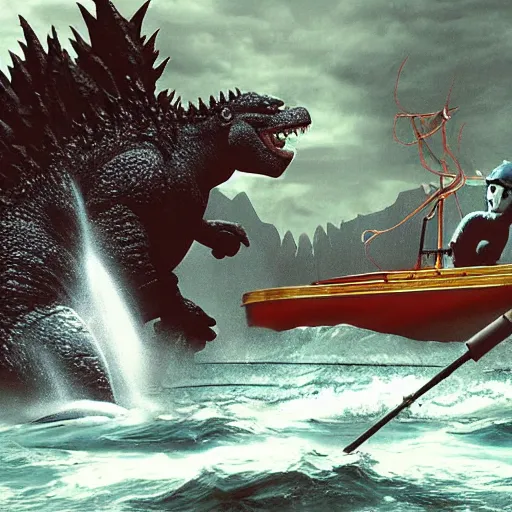 Image similar to Godzilla and Donkey Kong on a fishing trip, hyper realistic, HD, HQ, photo realistic