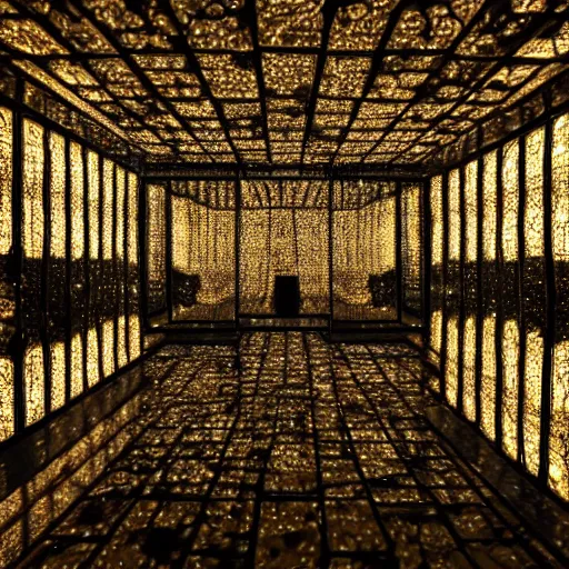 Image similar to infinity room with mirrors, sand, lightbulb, monster, scary, 4 k