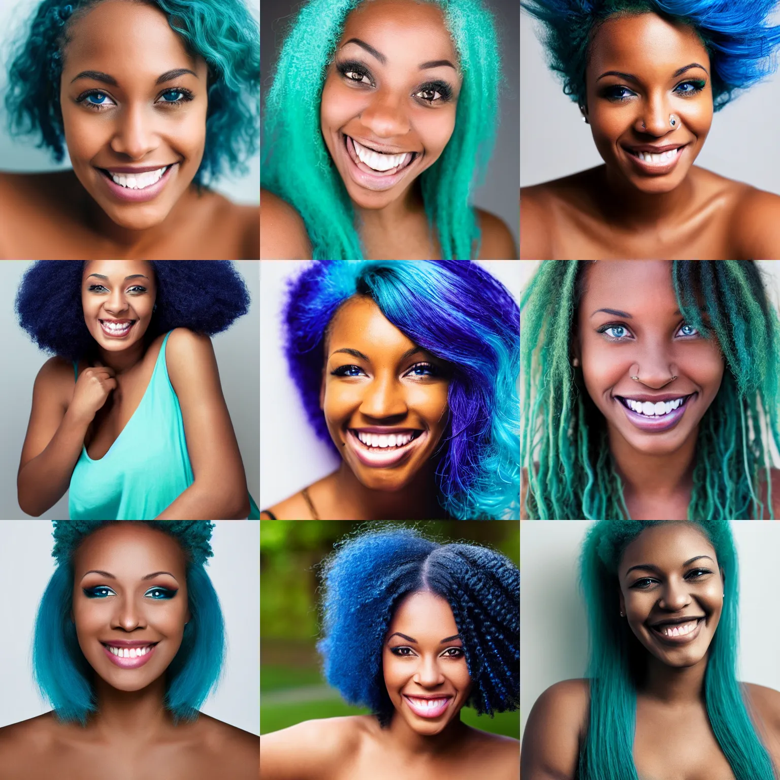 Prompt: photo of a single black woman with blue hair, green eyes smiling, portrait, realistic, photograph, perfection