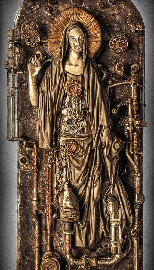 Prompt: steampunk virgin mary, religious imagery, rusty pipes and guages, backlit, intricate detail, high definition