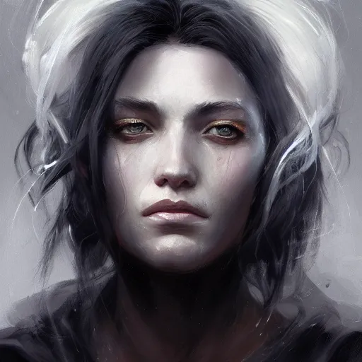 Image similar to headshot immortal female wizard black skin white hair wise, realistic shaded lighting poster by craig mallismo, artgerm, jeremy lipkin and michael garmash, unreal engine, radiant light, detailed and intricate environment, digital art, art station trends