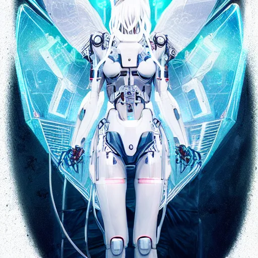 Prompt: Beautiful cyborg angel girl, blue eyes, white hair, front light, clear skin, futuristic room background, excellent composition, decorations, innocent look, high quality, highly detailed, scifi, trending on ArtStation, art by Minjae Lee, Kim Sang-Hui