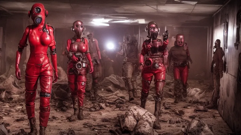 Prompt: big budget scifi movie set in postapocalyptic world with female cyborg alien brainsuckers in red rubber and gas mask in control room of ufo