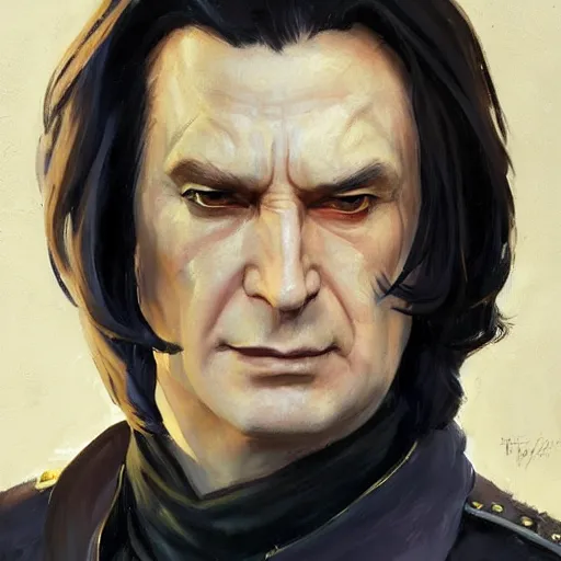 Prompt: greg manchess portrait painting of partially armored severus snape as overwatch character, medium shot, asymmetrical, profile picture, organic painting, sunny day, matte painting, bold shapes, hard edges, street art, trending on artstation, by huang guangjian and gil elvgren and sachin teng