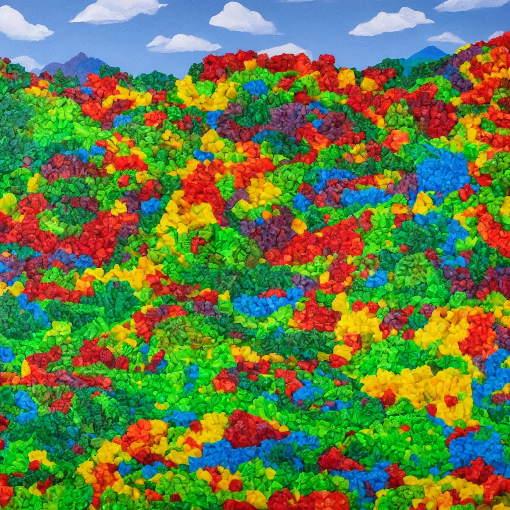 Prompt: painting of the countryside created entirely with gummy bears