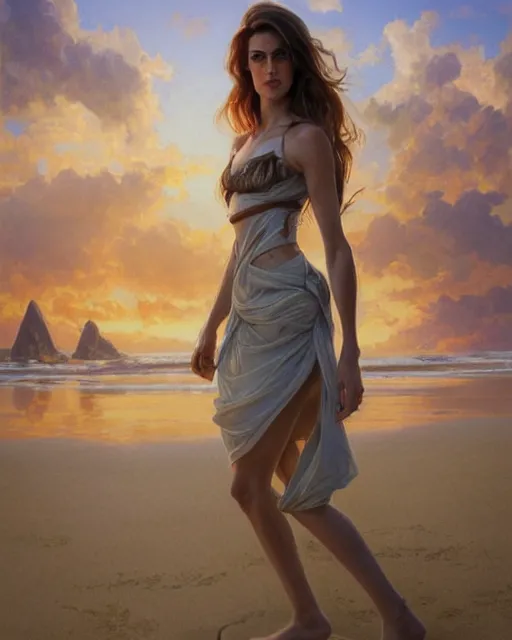 Prompt: beautiful ,allison williams standing in front of a beach, intricate, stunning, highly detailed, digital painting, artstation, concept art, smooth, sharp, focus, illustration, art by artgerm and greg rutkowski and alphonse mucha