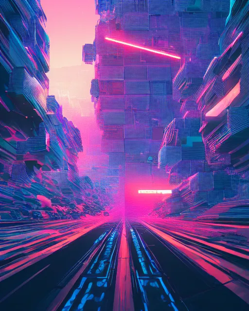 Image similar to Digital world, simulation theory, glitching, scifi, global illumination, unique landscape, fine details, perfect, 8k high detail, masterpiece, trending on ArtStation, by Alena Aenami, Petros Afshar, Liam Wong