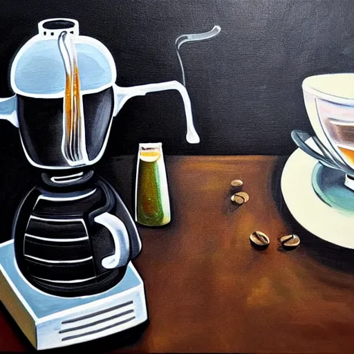 Image similar to a painting of android espresso machine that makes coffee from human souls