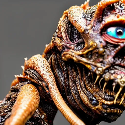 Prompt: photo taken of an epic intricate, ultra detailed, super realistic gritty, wet, slimy, lifelike sculpture of a nightmarish hellish humanoid faced insectoid creature created by weta workshop, menacing, some zoomed in shots, extremely photorealistic, sharp focus