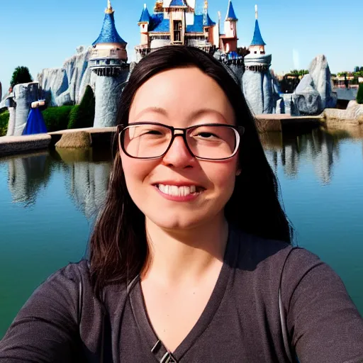 Prompt: high detail selfie by a woman, disneyland castle in background, taken on iphone, 4 k