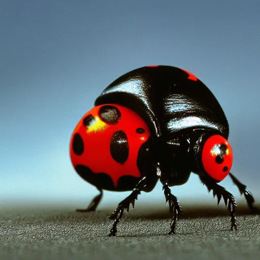 Image similar to film still, baby evil ladybugs, ladybug quadruped with big rgb eyes, huge ladybug mothership, epic road - trip, dramatic lighting, ( e. t. the extra - terrestrial ), batteries not included, harry potter, imax, 7 0 mm.