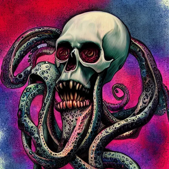 Prompt: bleeding colors skull octopus hybrid, psycho stupid fuck it insane, looks like death but cant seem to confirm, various refine techniques, micro macro autofocus, to hell with you, later confirm hyperrealism, set back dead colors, devianart craze