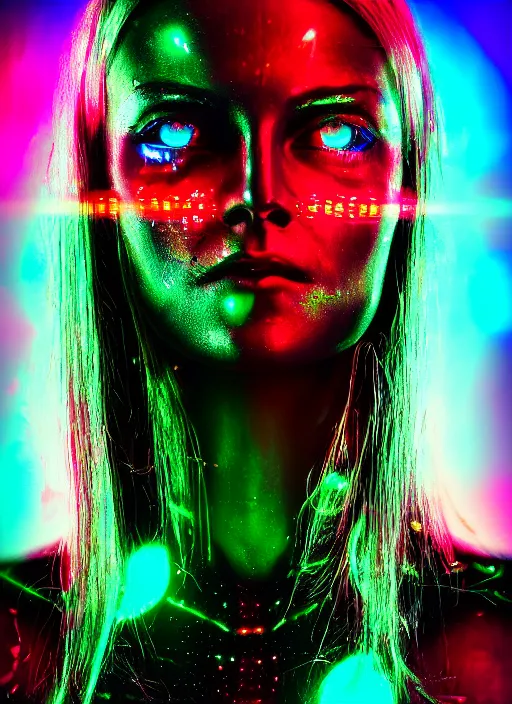 Prompt: dramatic cyberpunk portrait of a metallic woman's face, crystalline, bioluminescent, red glow, green glow, blue glow, atmospheric haze, intense shading, chromatic aberration, glitch, backlit, bokeh, centered