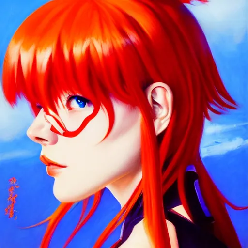 Image similar to portrait of Asuka Langley Soryu, League of Legend illustration, asymmetrical, profile picture, Organic Painting, sunny day, Matte Painting, bold shapes, hard edges, street art, trending on artstation, by Sam Youn and Gil Elvgren and Jean Giraud