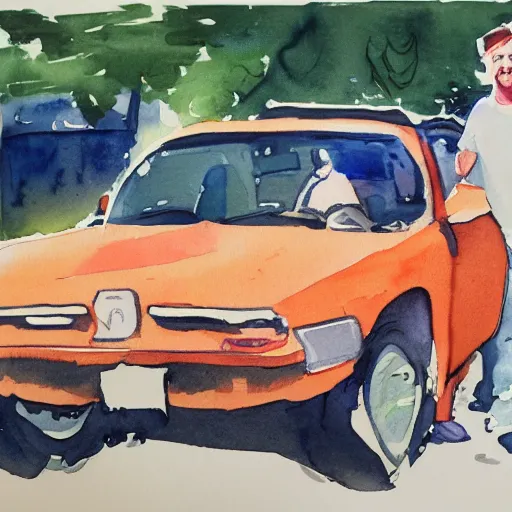 Prompt: a watercolor painting of some people next to a car