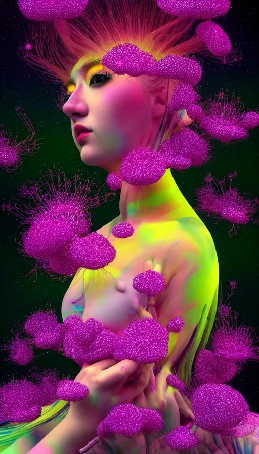 Image similar to hyper detailed 3d render like a Oil painting - kawaii Aurora (Singer) seen Eating of the Strangling network of colorful yellowcake and aerochrome and milky Fruit and Her delicate Hands hold of gossamer polyp blossoms bring iridescent fungal flowers whose spores black the foolish stars by Jacek Yerka, Mariusz Lewandowski, Houdini algorithmic generative render, Abstract brush strokes, Masterpiece, Edward Hopper and James Gilleard, Zdzislaw Beksinski, Mark Ryden, Wolfgang Lettl, hints of Yayoi Kasuma, octane render, 8k